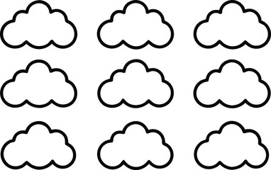 Collection of nine simple cloud icons with black outline on white background