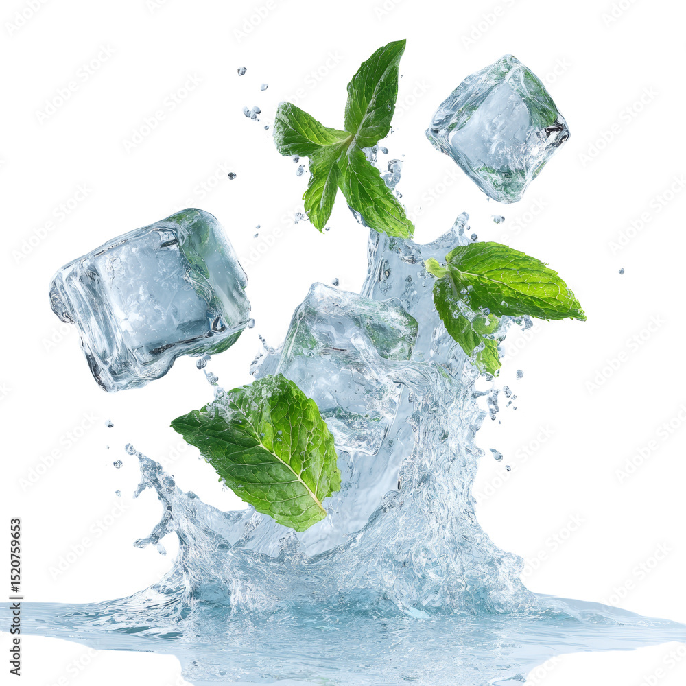 Aufkleber refreshing splash with ice cubes and mint leaves on white background