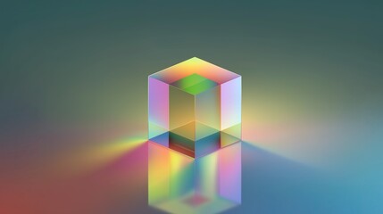 Holographic 3D cube floating in space with light refraction, symbolizing futuristic digital innovation