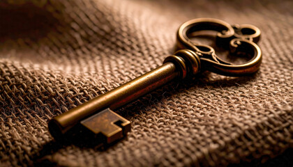 A key is on a piece of cloth. The cloth is brown and the key is gold. The key is on the cloth in a way that it looks like it is about to be used