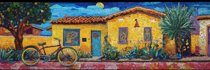 Fototapeta premium Painting of a yellow house with a blue door and a bicycle outside.