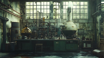 An abandoned industrial chemistry lab filled with vintage equipment.