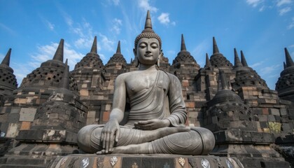 Fototapeta premium Ancient stone Buddhist sculpture of a Buddha statue in Thailand's Wat Phra Kaeo temple, showcasing Thai art, culture, and religious history