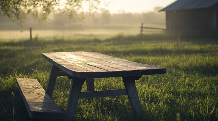Fototapeta premium A wooden table sits on a grassy farm. It's used to show off things like food or perfume. The morning sun shines on it. 