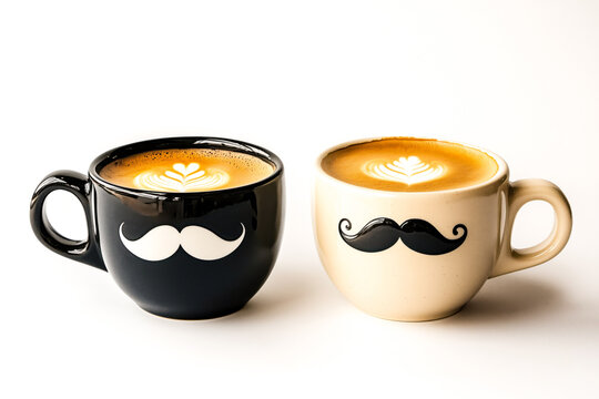 Dual coffee cups with whimsical mustache designs, showcasing artistry in latte and a playful touch for coffee lovers.