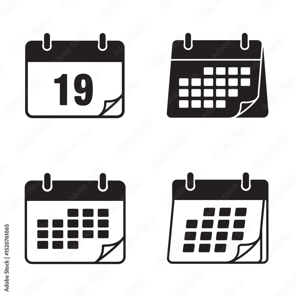 Poster set of four black and white calendar icons illustrating days and dates in silhouette form