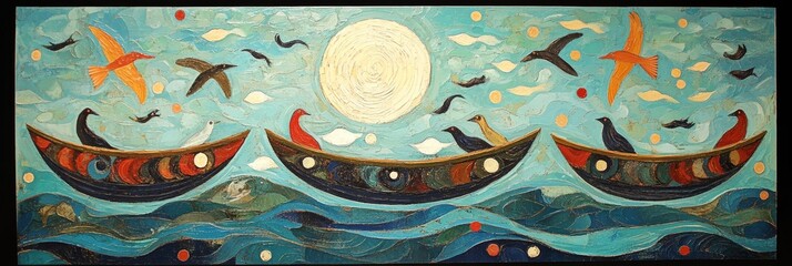 Painting of boats on water with birds and a large sun or moon.