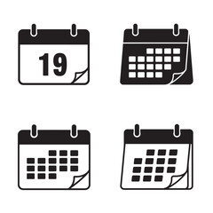 Set of four black and white calendar icons illustrating days and dates in silhouette form