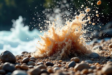 Close-up of various rocks being propelled through the air by a powerful force, creating a dynamic spray of debris Ideal for action, power, and nature themes , flying, speed