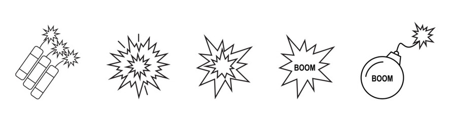 Explosion, detonation line icon set. Vector pictograms of blast, impact, explosive forces, bomb, dynamite, mushroom cloud, shockwave thin linear illustration vector
