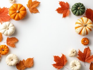 Fototapeta premium Minimalistic Autumn Background with Pumpkins and Orange Maple Leaves Border on White, Cozy Festive Flat Lay for Thanksgiving and Fall Promotion, Selective Focus..