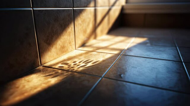 Sunlight streams through window casting geometric and intricate shadow of paw print on clean brown ceramic floor tiles, creating warm, peaceful, and inviting atmosphere in modern home interior.