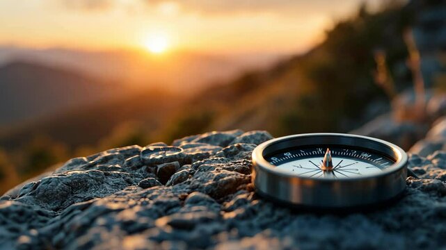 A compass rests on a rocky surface with a gorgeous sunset in the background, guiding the way.