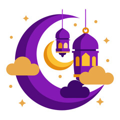 Fototapeta premium Purple and Gold Eid Card Featuring Crescent and Hanging Lanterns Amid Stylized Clouds