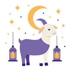 Naklejka premium Modern desert photo featuring a goat beside a crescent cutout, embodying peace and sacrifice