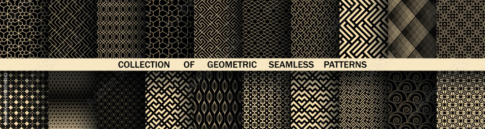 Leinwandbilder Geometric set of seamless black and golden patterns. Simple vector graphics
