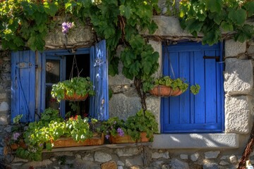 Fototapeta premium Sunlit stone wall with two blue-painted windows, each adorned with hanging and window-box flowers; vines climb the wall