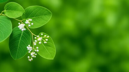 Close-Up View Of Fresh Green Leaves With Tiny White Flowers On A Blurred Green Background
