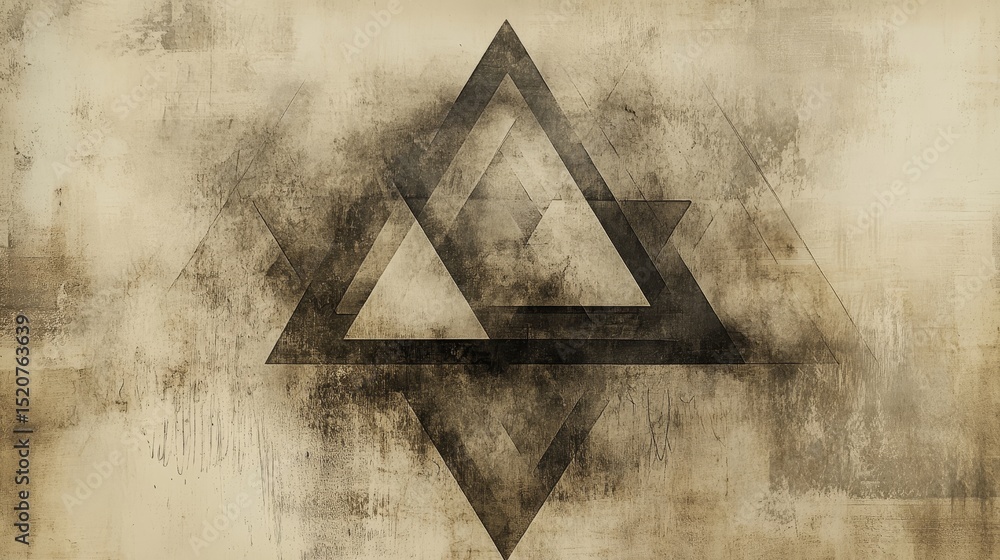 Aufkleber abstract triangular mountain range symbol on textured background with smoky effect.