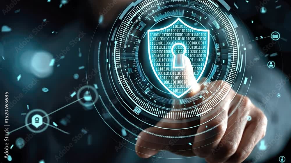 Poster cyber security shield: an artistic portrayal of digital protection, showcasing a glowing shield icon