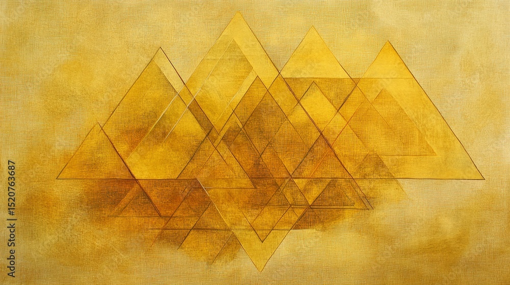 Poster abstract geometric shapes triangles overlapping on a textured golden background.