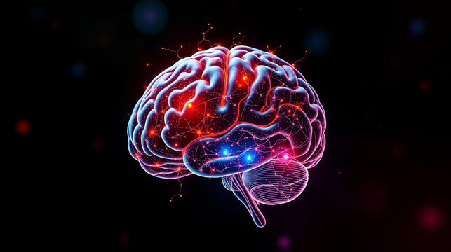 Perfil de cerebro humano idea conceptual donde se le visualiza dentro de un aro circular los nodos, neuronas y sinapsis sobre fondo negro y colores brillantes, texto AI