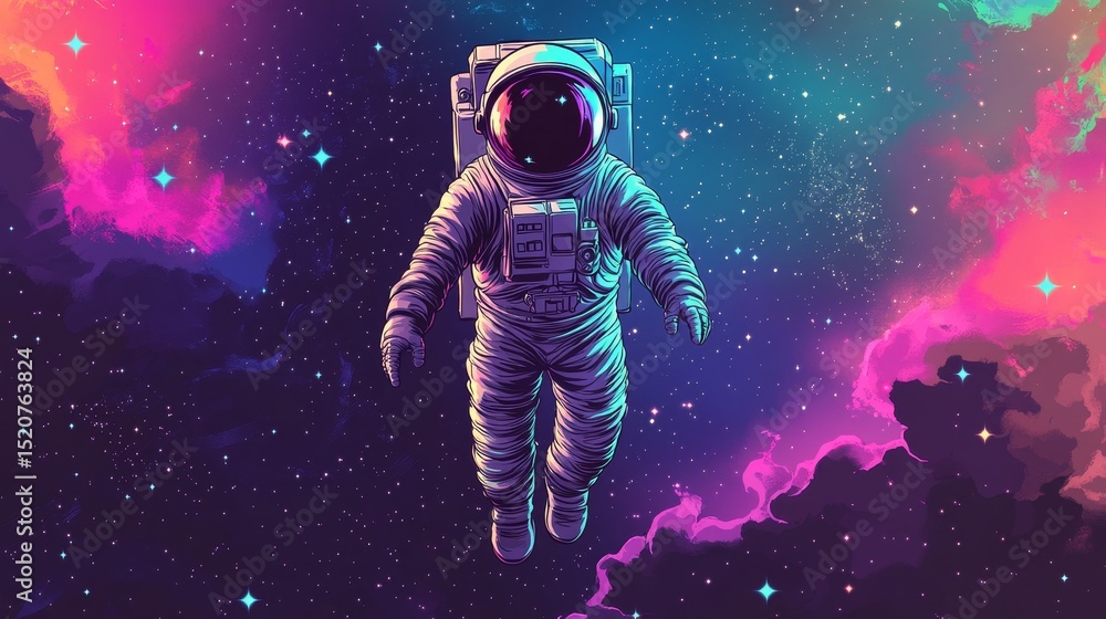 Poster astronaut floating in space with colorful nebula clouds and stars background.