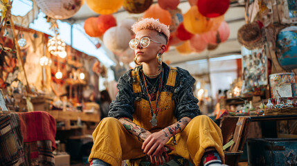 Obraz premium Artistic Bohemian Portrait: Vibrant Exploration of Hipster Style and Alternative Fashion in an Eclectic Urban Art Studio