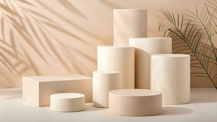 Creamy 3D cylinders and rectangular shapes on a pastel background with shadows of tropical leaves, ideal for natural-themed product displays and design