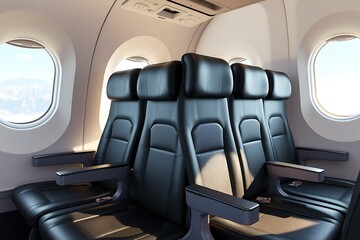 Modern airplane interior with black leather seats by window. Business or economy class cabin view. Ideal for travel, aviation, transportation, airline, and tourism concepts.