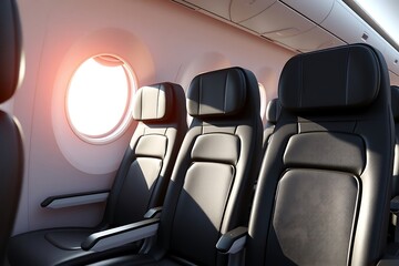 Modern airplane interior with black leather seats by window. Business or economy class cabin view. Ideal for travel, aviation, transportation, airline, and tourism concepts.