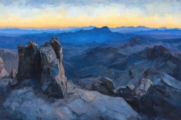 Obraz premium A panoramic sunset view from a rocky peak overlooking a vast, layered mountain range bathed in cool blues and warm oranges