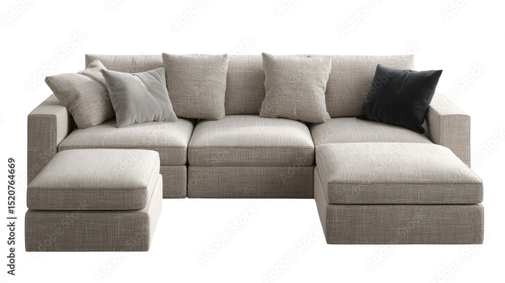 Poster modular sofa arrangement with neutral tones and adaptable design features