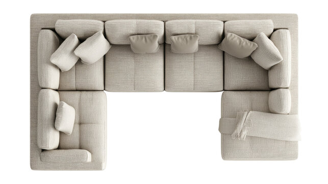 Elevated perspective showcasing a stylish, modular, light colored fabric sofa