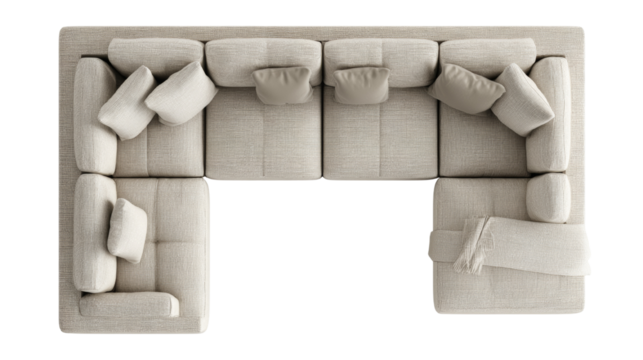 Elevated perspective showcasing a stylish, modular, light colored fabric sofa