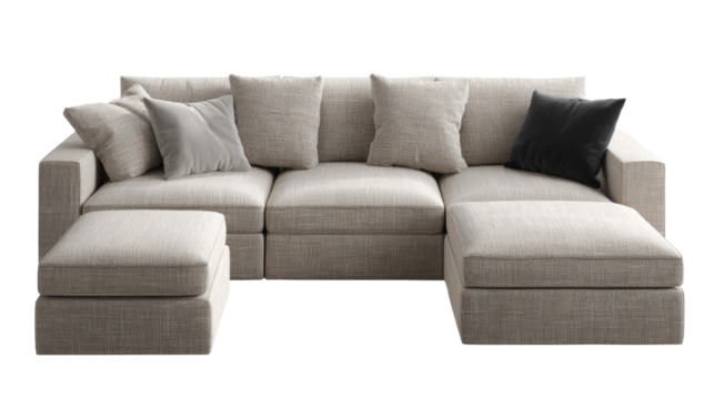 Modular sofa arrangement with neutral tones and adaptable design features