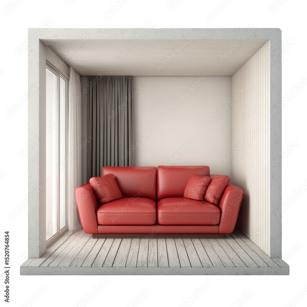 Poster compact living space with red sofa within a modern cubic structure