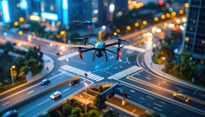 Drone Flight Over City Intersection at Night