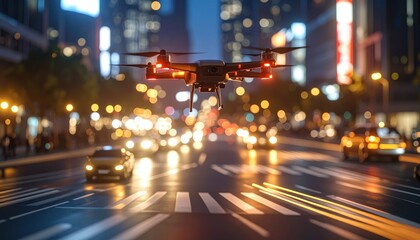 Drone Flight Over City Street at Night