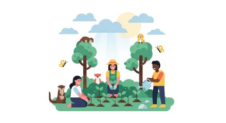 Fototapeta premium Family Gardening in Backyard with Dogs and Butterflies in Sunny Day