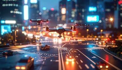 Drones Over Cityscape at Night: Urban Technology and Transportation