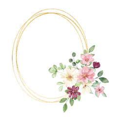 Flowers gold wreath. Watercolor hand drawing floral frame with place for text. Isolated on white background.	