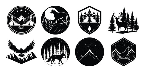 set of mountain silhouette landscapes withe deer, wolf and eagle on white background