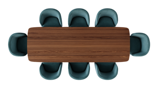 Rectangular Wooden Dining Table with Eight Teal Upholstered Chairs