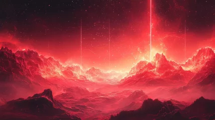 Vibrant red cosmic landscape with towering peaks and glowing light beams, evoking a sense of otherworldly adventure and exploration.