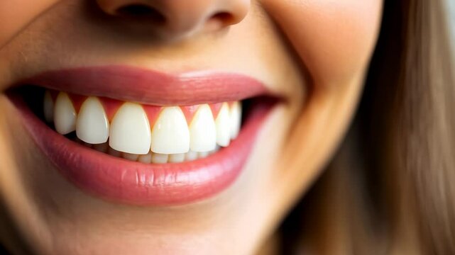 A close-up of a beautiful smile, revealing perfect, white teeth and healthy gums.