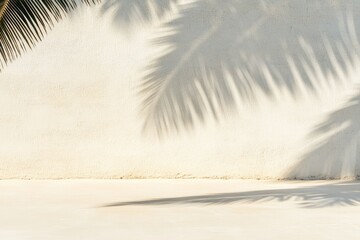 Palm frond shadows cast on a light beige wall and floor, creating a minimalist, tropical aesthetic