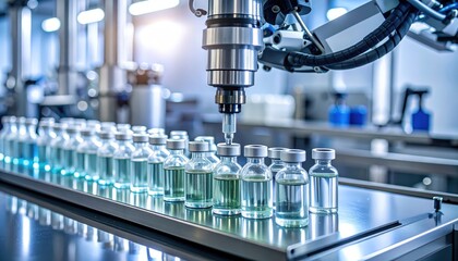 Automated Pharmaceutical Production: Robotic Arm Filling Vials on Assembly Line