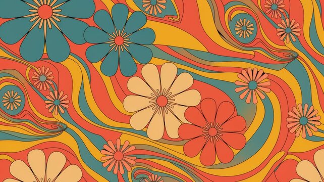 Groovy 70s Vintage Retro Flower Power Background.