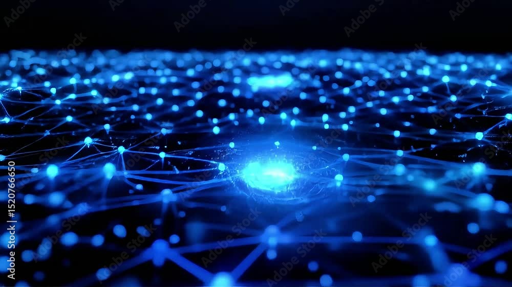 Poster abstract blue network: glowing nodes and dynamic connections